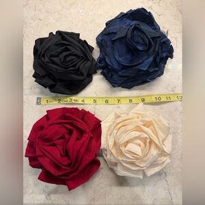 Four Artisan made silk floral pins/hairclips - 5”Black, Blue, Red, Cream